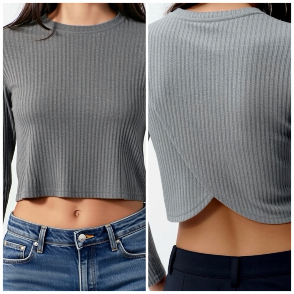 Gray Ribbed Long Sleeve Crop Top